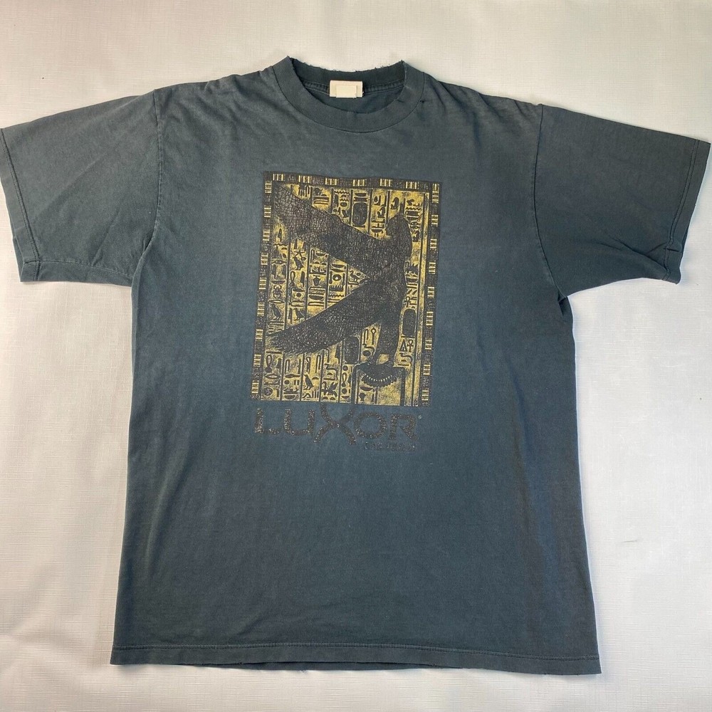 LAS VEGAS LUXOR Hotel Vintage Hieroglyphics BLUE Tshirt! Sz L Pyramid Gold Egypt